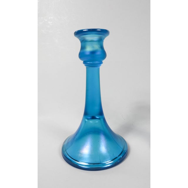Vintage Iridescent Blue Glass Candlesticks - A Pair For Sale - Image 4 of 5