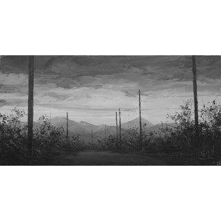 Post Progress by Todd Carpenter | Oil on Board Black and white landscape with mountains and trees. For Sale
