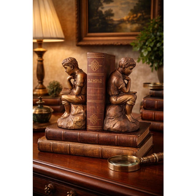 This charming pair of vintage figural bookends features a contemplative seated boy, captured in a classic reading pose...