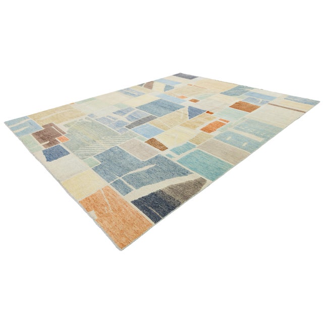 Modernist Color-Block Handcrafted Wool Area Rug With Abstract Painterly Grid For Sale - Image 12 of 12