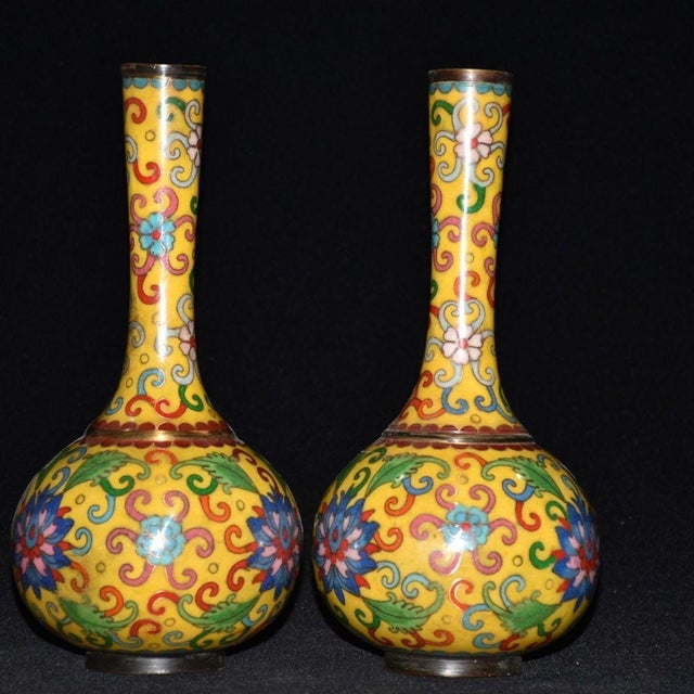 Chinese Vintage Pair of Cloisonne Enamel Vases - Yellow Floral Motif - 22.5cm For Sale - Image 3 of 9
