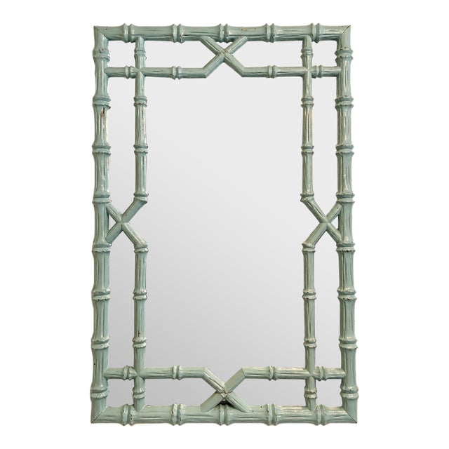 Vintage Mid-Century Faux Bamboo Fretwork Chinoserie Chippendale Style Wall Mirror For Sale