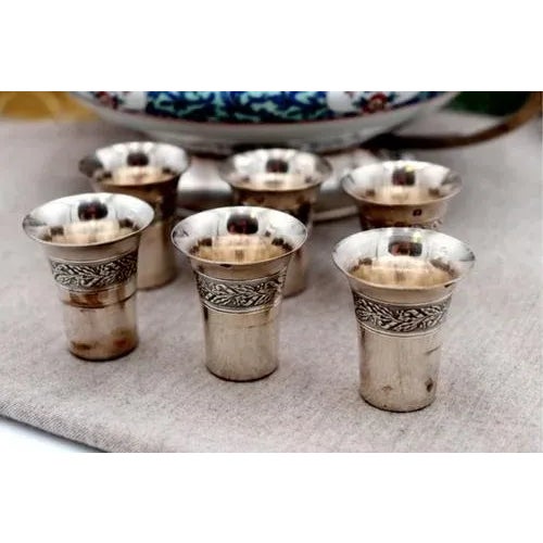 Silver and Porcelain Liqueur Bottle with Glasses, Set of 7 For Sale - Image 6 of 8