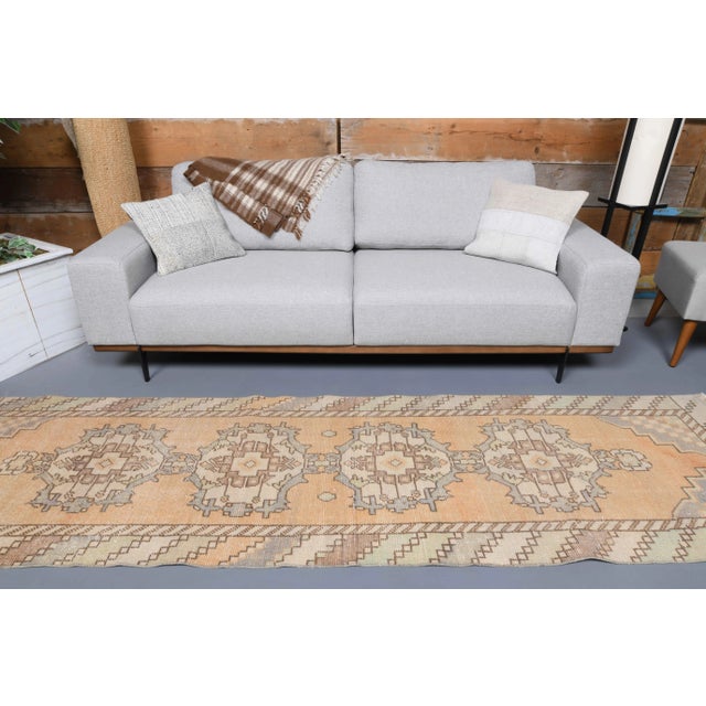 Tribal Vintage Turkish Oushak Handmade Wool Cotton Orange Runner For Sale - Image 3 of 11