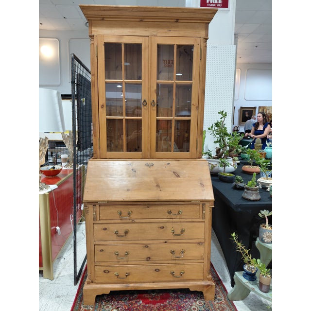 Vintage Country Pine Secretary Desk With Glass-Front Bookcase For Sale - Image 10 of 12