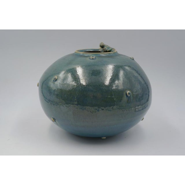V Chin Blue Teal Lustre Porcelain Vase Vorakit Chinookoswong Frog For Sale - Image 4 of 11
