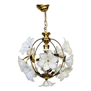 Vintage Murano Style White Floral Globe Chandelier - Brass Finish For Sale