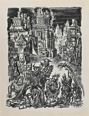 Americas Demons Have Gathered, Woodcut Print, Late 20th-Century