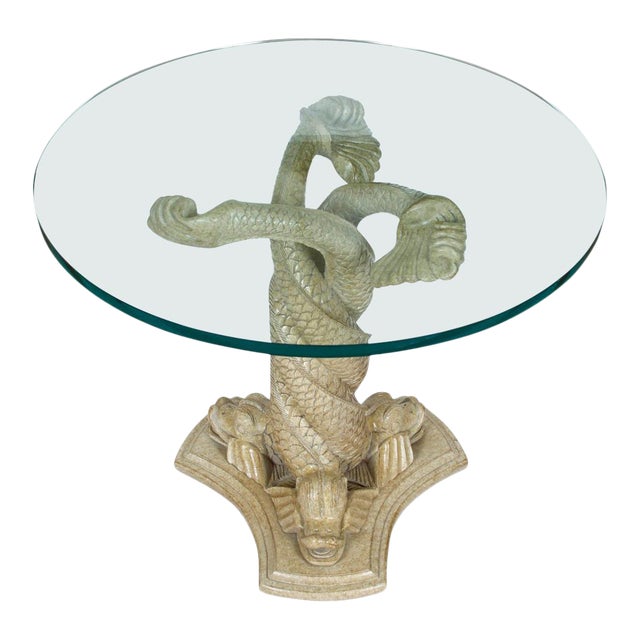 Dolphin Form Carved Table Base with Glass Top For Sale