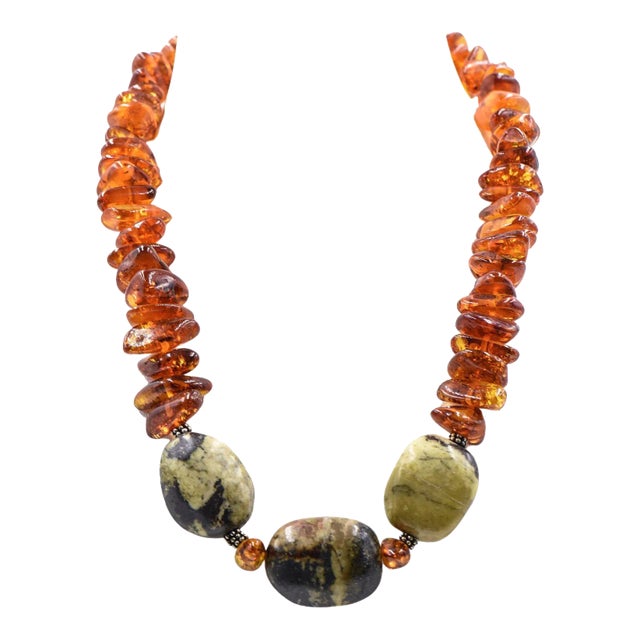 Amber and Green Stone Bead Necklace with Sterling Silver For Sale