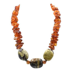 Amber and Green Stone Bead Necklace with Sterling Silver