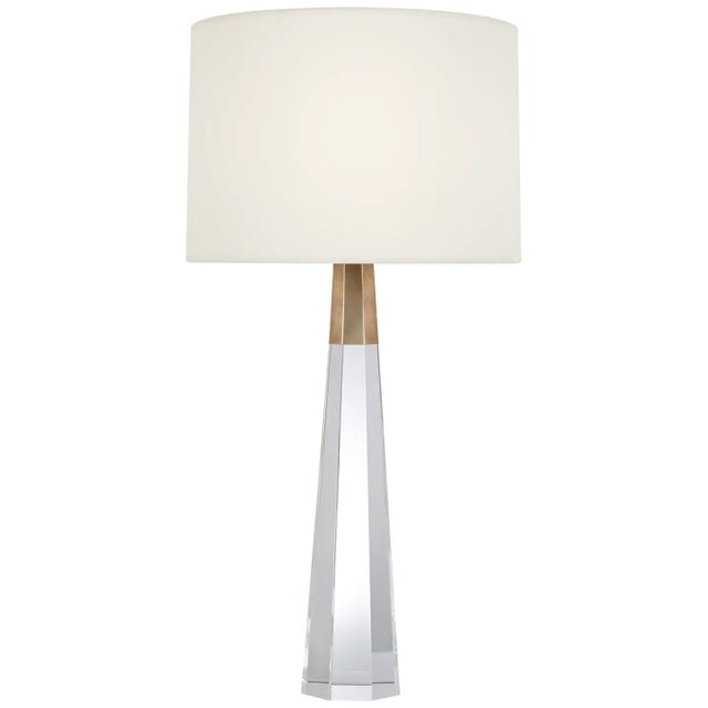 AERIN by Visual Comfort Signature Olsen Cordless Table Lamp in Crystal and Hand-Rubbed Antique Brass with Linen Shade For Sale