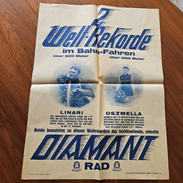 1920s Diamant Bicycles World Record Linari y Oszmella Poster, 1928 For Sale - Image 5 of 5