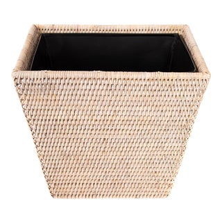 Artifacts Rattan Rectangular Tapered Waste Basket with Metal Liner in White Wash - 11" For Sale