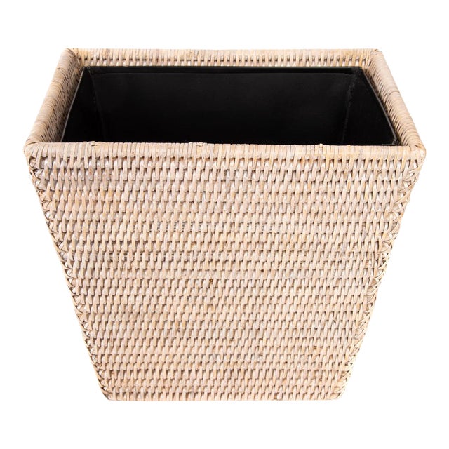 Artifacts Rattan Rectangular Tapered Waste Basket with Metal Liner in White Wash - 11" For Sale