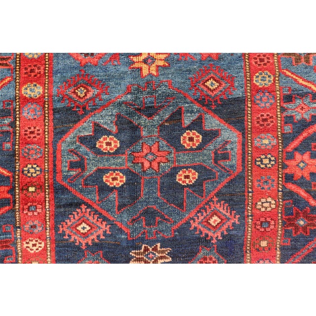 Antique Kurdish Gallery Rug With Indigo Field and Bold Tribal Medallions For Sale - Image 10 of 12