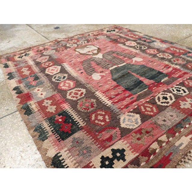 Galerie Shabab Collection Mid-20th Century Handmade Turkish Pictorial Flatweave Kilim Square Throw Rug For Sale In New York - Image 6 of 8