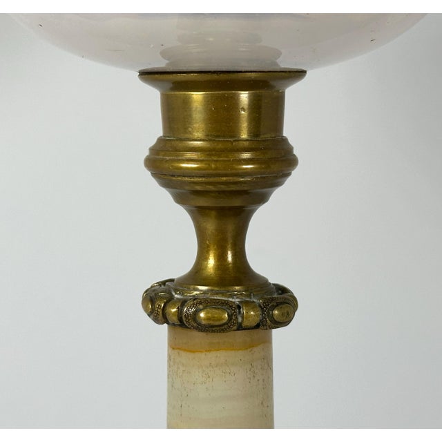 19th Century Victorian Oil Lamp: Onyx & Brass Base with Iridescent Art Glass, c. 1870 For Sale - Image 5 of 10