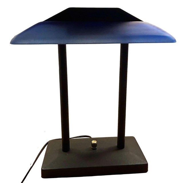 Glass 1980s Postmodern Memphis Blue Glass Desk Lamp Geometric Light by Robert Sonneman For Sale - Image 7 of 9