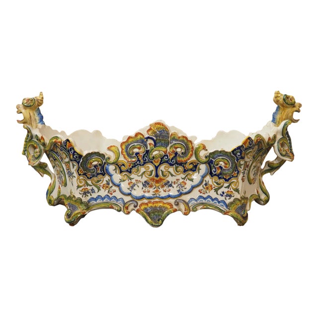 Hand Painted Antique French Faience Jardiniere, Decor Rouen, Circa 1900 For Sale