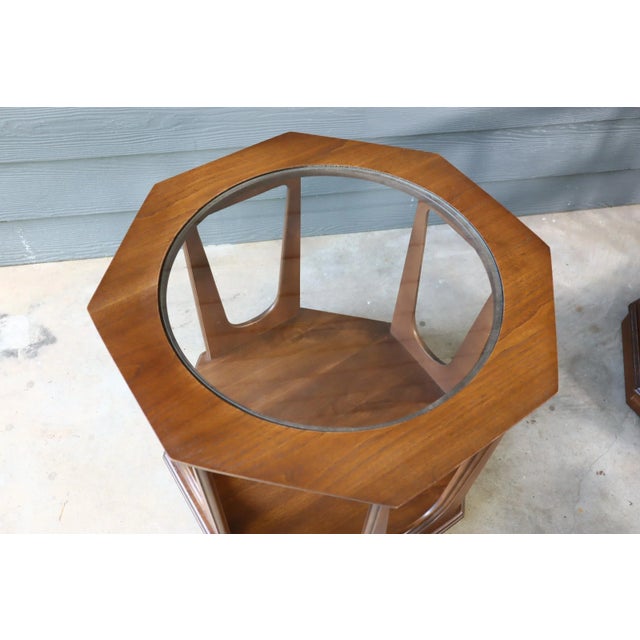 Vintage Mid Century Pair of Octagon Side Table by Bassett Broyhill Brasilia Style 60's Retro Atomic Glass Top For Sale - Image 6 of 12