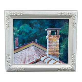 1980s Contemporary Framed Rooftop Landscape Acrylic Painting, Signed Strauss For Sale