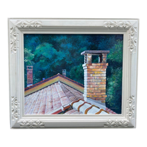1980s Contemporary Framed Rooftop Landscape Acrylic Painting, Signed Strauss