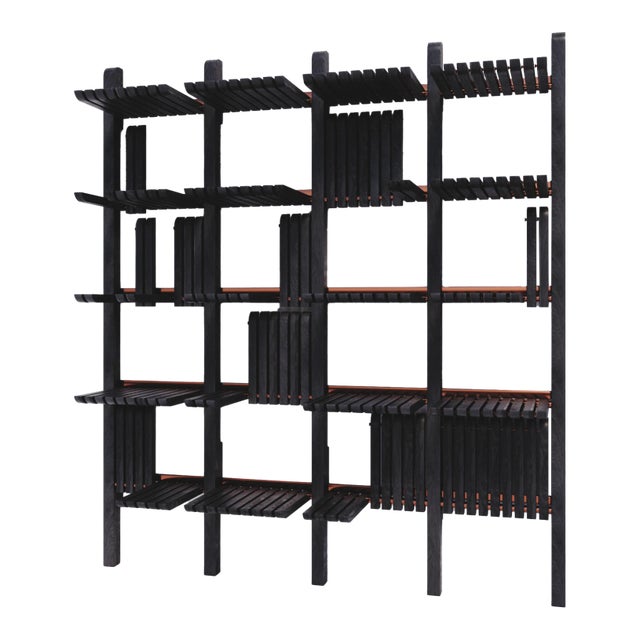 Modern Shelving System Handcrafted Black Stained Wood on the Steel Frame Modular Shelves 2000 Mm For Sale