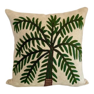 Handmade Kashmiri Crewel Palm Tree Leaf Wool Pillow Cover Global Chic 18 X 18 For Sale
