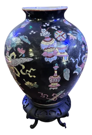 Vintage Chinese Famille Noire Enameled Black Porcelain Vase Ginger Jar With Wood Stand
