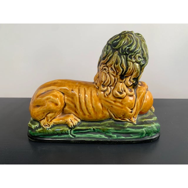 Vintage Enesco Majolica Resting Lion on Ball For Sale In Phoenix - Image 6 of 7