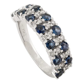 1.14 Carat Blue Sapphire & Diamond Half Eternity Wedding Band Ring Size 5 in 18k White Gold For Sale