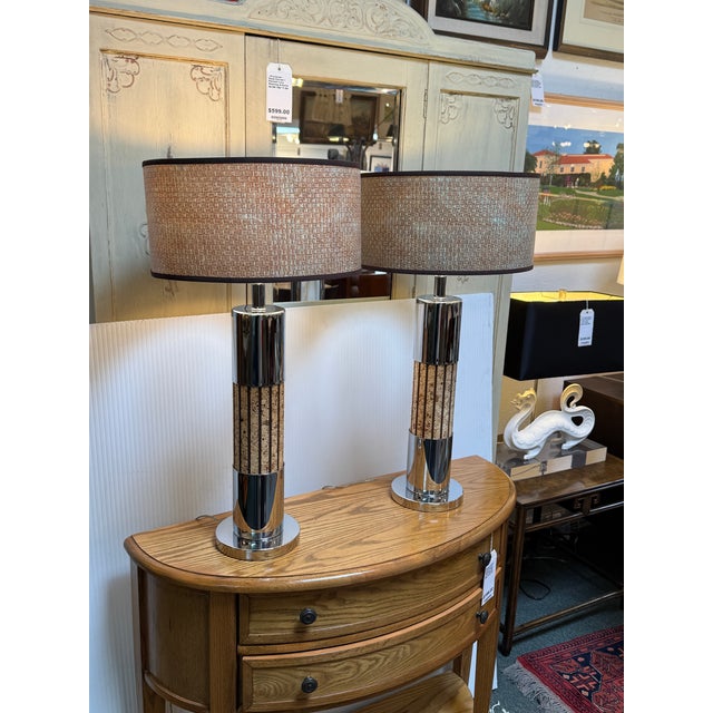 Contemporary Chromed Cork Table Lamps, Pair For Sale - Image 3 of 12