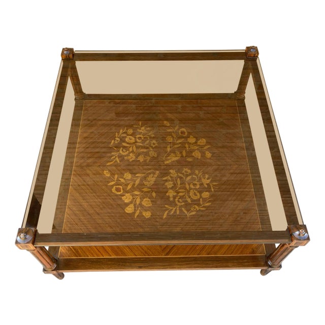 Mid Century Walnut Marquetry and Glass Side Table, Circa 1960 For Sale