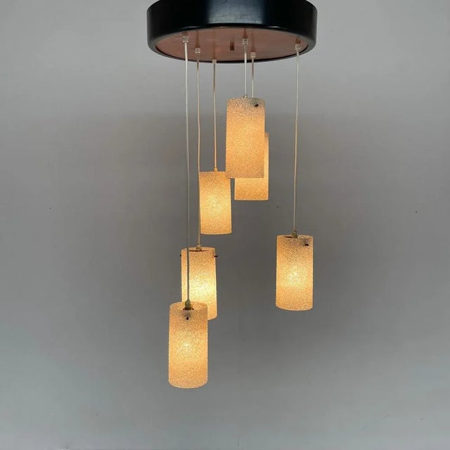 Vintage cascade chandelier or pendant lamp with six tubular shades made of crushed plastic. Good vintage condition. Bulbs:...
