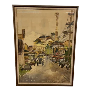 Mid 20th Century Modernist City Scene Watercolor Painting, Framed