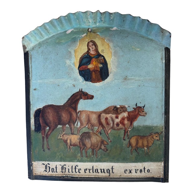 Late 19th Century Tin Retablo Votiv Tafel Religious Prayer Station Maria Horses Cows For Sale