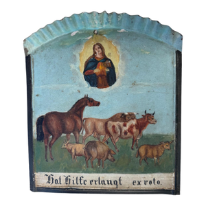 Late 19th Century Tin Retablo Votiv Tafel Religious Prayer Station Maria Horses Cows