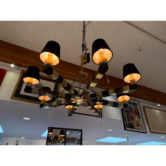 Custom Black + Gold Eight Light Chandelier For Sale - Image 11 of 12