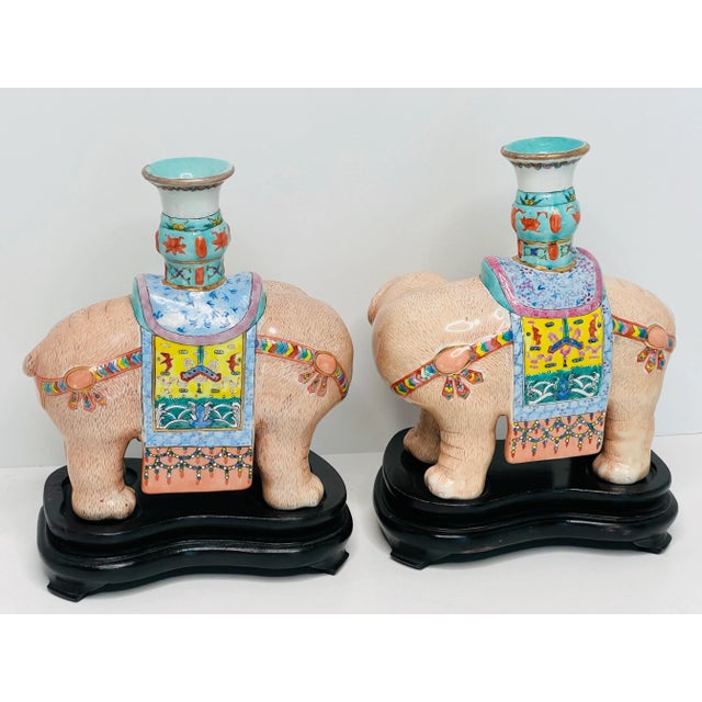 Mid 20th Century Mottahedeh Famille Rose Enameled Elephant Candle Holders on Plinth a Pair For Sale - Image 5 of 12