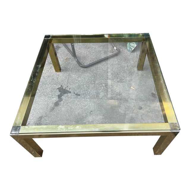 1970s Gold Square Coffee Table With Glass Top For Sale