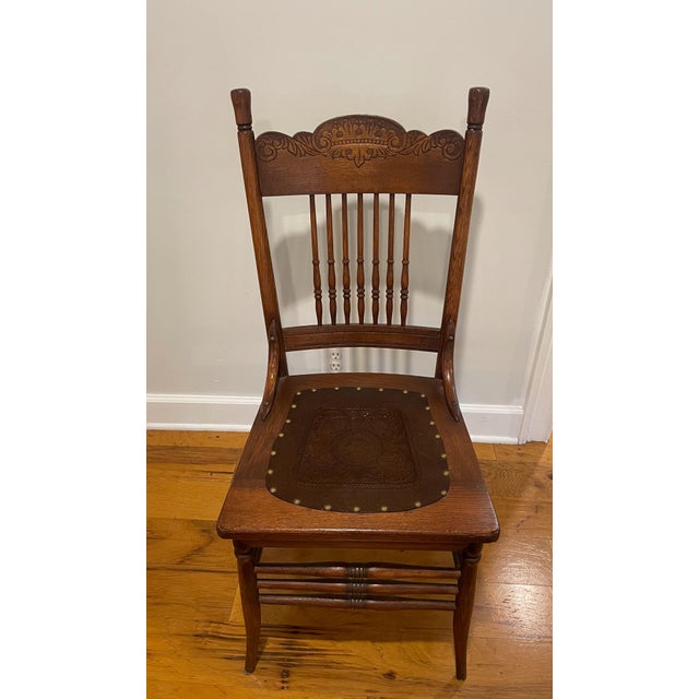 Farmhouse Early 1900's Oak Pressed Back Spindle Chairs - Set of 8 For Sale - Image 3 of 5