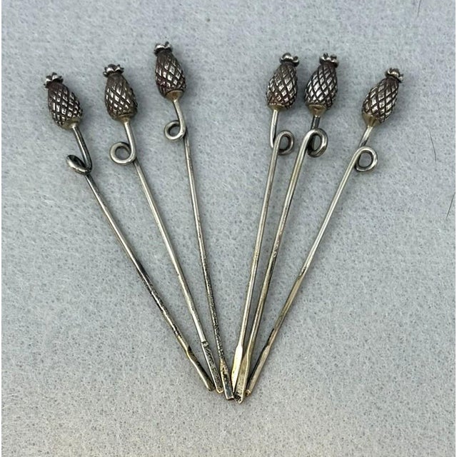 Mid-Century Modern Mid 20th Century Cartier Sterling Cocktail Picks, Pineapples - 6 pcs with box For Sale - Image 3 of 7