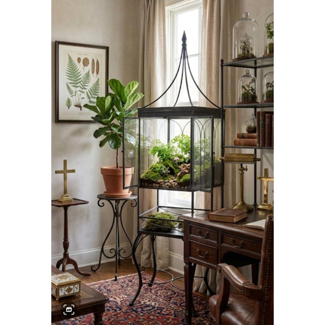 Massive Vintage Black Wrought Iron Glass Pagoda Top Planter Outdoor Terrarium For Sale - Image 12 of 13