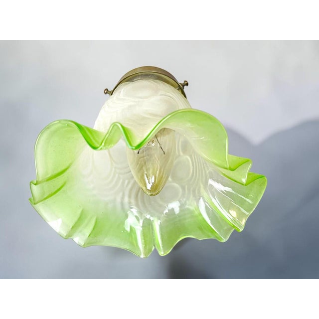 Forest Green Art Nouveau Whiplash Curve Brass Tulip and Green Glass Table Lamp, 1950s For Sale - Image 8 of 14