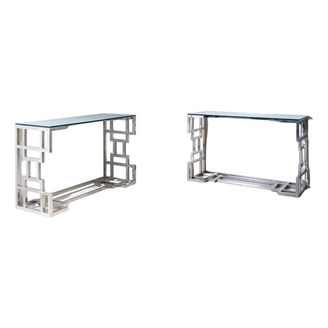 Late-20th Century Hollywood Regency Style Metal and Glass Consoles For Sale