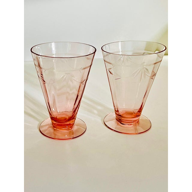 1930s Tiffin Franciscan Etched Pink Optic Glass Juice Glasses-a Pair For Sale - Image 10 of 10
