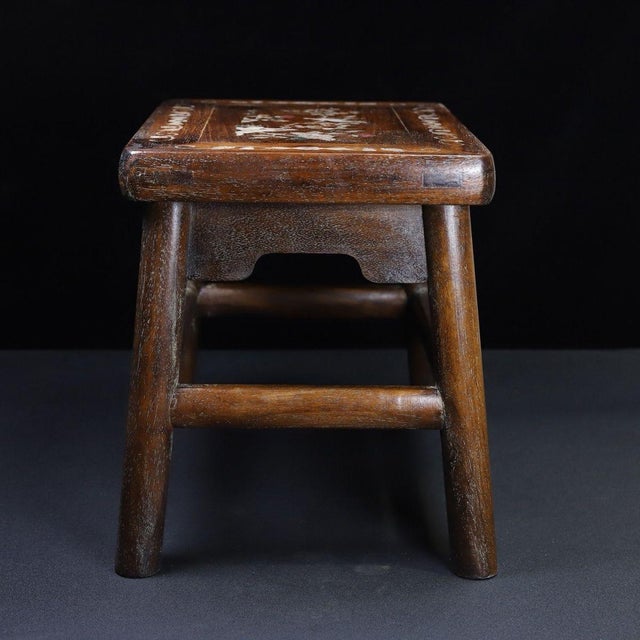 Vintage Chinese Huali Rosewood Mother-of-Pearl Inlaid "Magpie on Plum" Stool / Low Table For Sale In Los Angeles - Image 6 of 9