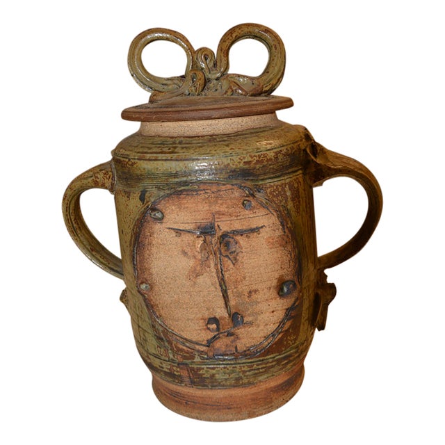 Studio Art Pottery Large Brown/Tan Cannister Container With Carved Face / Handles & Lid For Sale