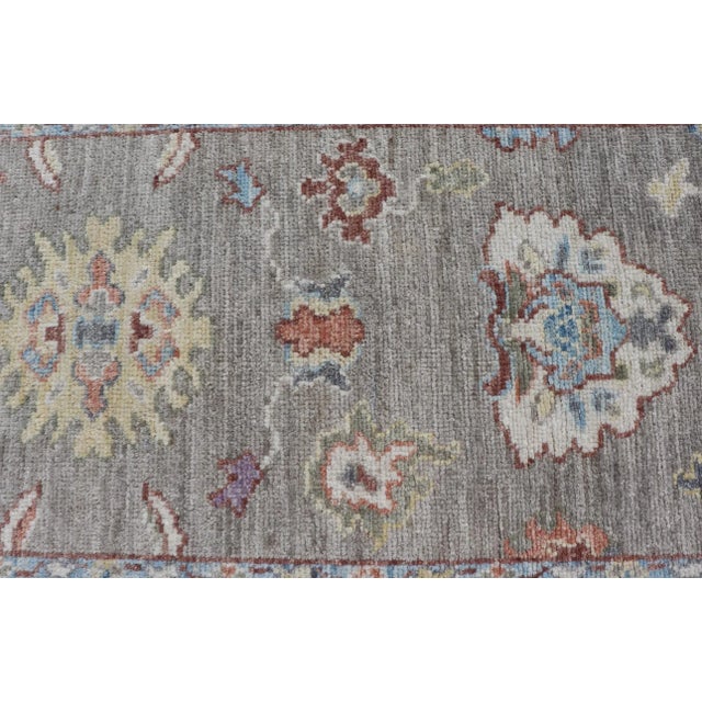 Modern Oushak Runner With Orange and Blue Motifs on Light Gray Background For Sale - Image 9 of 13